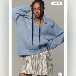 Anthropologie Pilcro collared pouch pocket sweater wool blend boxy M blue